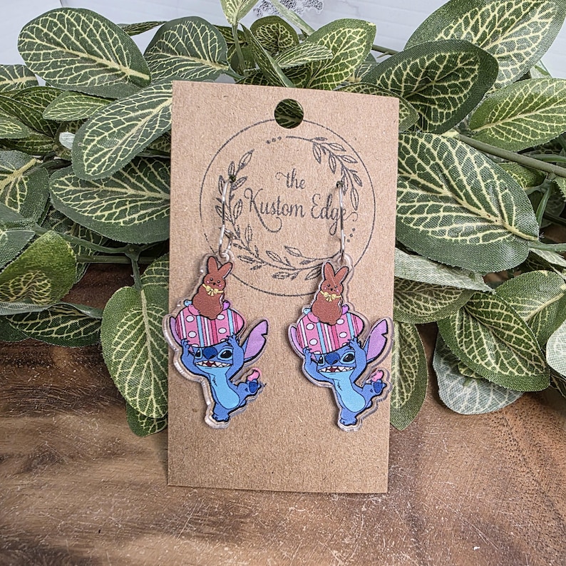 Alien inspired Easter dangle earrings with bunny and egg stack