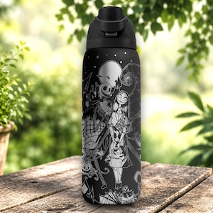 Laser engraved black stainless steel tumbler featuring spooky holiday-inspired characters, pumpkins, haunted scenes, and gothic wraparound artwork in a detailed silver engraving design.