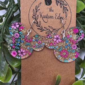 Floral Mouse Head Dangle Earrings: Laser Cut Acrylic, Stainless Steel