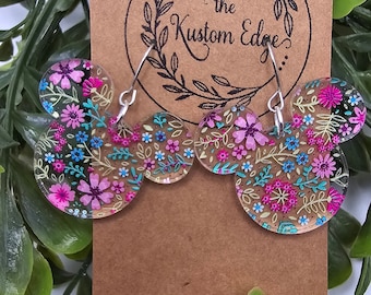 Spring Flowers Mouse Dangle Earrings, Patterned Acrylic, Laser Cut, Perfect Gift For Her, Handmade Drop Earrings, Magical Earrings