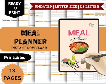May include: A printable meal planner with 13 pages. The planner has a yellow and orange background with the text "Meal Planner" in black. The planner is designed to help people plan their meals for the week. It includes sections for breakfast, lunch, dinner, and snacks. The planner also includes a section for notes.