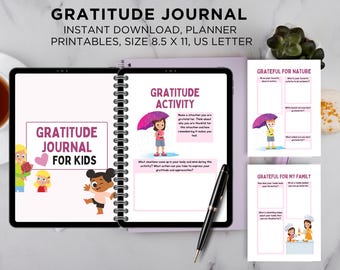 Pode incluir: Um diário de gratidão rosa e branco para crianças com uma ilustração colorida de uma menina segurando um buquê de flores. O diário inclui prompts para atividades de gratidão, como "Nomeie uma situação pela qual você é grato. Pense por que você é grato por essa situação e como isso o faz se sentir ao se lembrar dela."