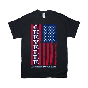 Chevelle American Flag T-Shirt Vertical, , Gildan Unisex Shirt, Chevelle Muscle Car T-Shirt, 8 Colors, SM-4XL, Printed in USA
