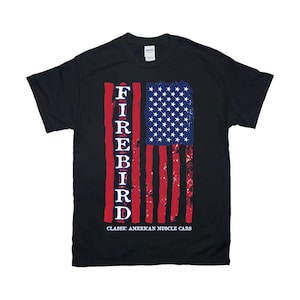 Pontiac Firebird American Flag T-Shirt Vertical , Gildan Unisex Shirt Firebird Muscle Car Tee 8 Colors sm-4xl, Printed in USA