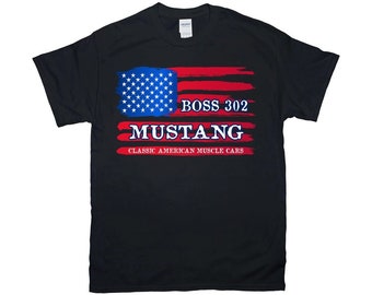 BOSS 302 Ford Mustang American Flag T-Shirt Vertical, , Gildan Unisex, Mustang Muscle CarTee 8 Colors sm-4xl, Printed in USA