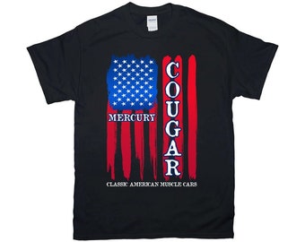 Mercury Cougar American Muscle Car Flag Vertical T-Shirt, Gildan Unisex T-Shirt, 8 Colors sm-4xl, Printed in USA