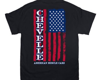 T-shirt Chevelle con bandiera americana verticale, stampata solo sul retro, Gildan unisex, t-shirt Chevelle Muscle Car, stampata negli Stati Uniti