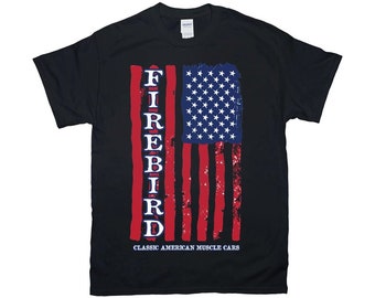 Maglietta verticale con bandiera americana Pontiac Firebird, maglietta unisex Gildan Firebird Muscle Car, 8 colori, taglia piccola-4xl, stampata negli USA