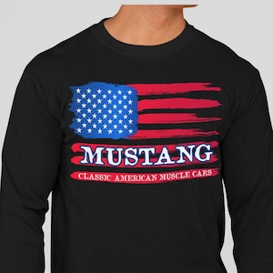 Ford Mustang GT Flag T-Shirt, Muscle Car Flag Long Sleeve, Gildan Unisex T-Shirt, sm-5xl, , American Flag Mustang, Printed in USA