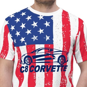 Corvette C8 Tee, American Flag Corvette T Shirt, C8 Corvette Lover Gift, All Over Print Corvette Shirt
