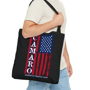 Camaro Tote Bag, Camaro Lover Gift, Camaro and American Flag Bag, Camaro Muscle Car Bag