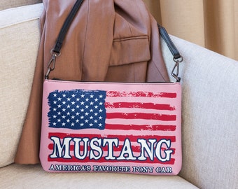 Mustang Flag Crossbody or Clutch Bag, Mustang Lover Gift, Mustang Pink Crossbody, Mustang Clutch, America's Favorite Pony Car