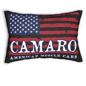 Camaro Lover Pillow, American Muscle Cars, American Flag Lumbar Pillow, Camaro Man Cave Décor Gift