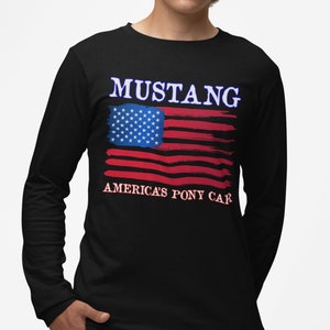 Mustang Lover Long Sleeve T Shirt, Mustang America&#39;s Pony Car, Mustang American Flag Tee, Ford Mustang Dad Gift, Mustang Owner Long Sleeve