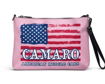 Camaro Flag Clutch Bag or Crossbody, Camaro Lover Gift, Camaro Pink Handbag, Chevy Camaro Clutch, American Muscle Car