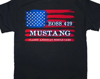 Boss 429 Mustang American Flag Vertical T-Shirt Gildan Unisex Men's & Womens Shirt Mustang T-Shirt 8 Colors Sizes SM-4XL tee, Printed in USA
