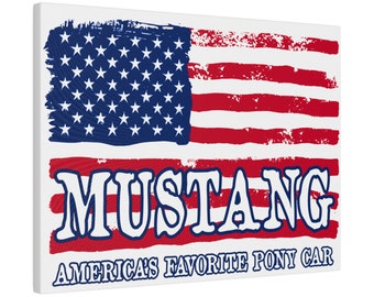 Mustang Lover Canvas Wrap, Mustang Man Cave Art Gift, Mustang en el arte de la pared de la bandera americana, America's Pony Car, 16x12 o 24x16