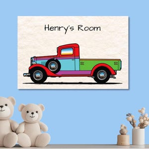 Personalized Boys&#39; Room Vintage Pickup Truck Art, 1934 International Truck Poster, Custom Nursery Name, Classic Truck, Primary Colors Décor