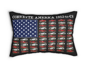 Cuscino con bandiera Corvette, cuscino lombare Corvette America, cuscino Corvette Art C1 - C8, regalo per gli amanti della Corvette, cuscino in poliestere filato nero 20x14&quot;