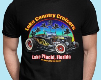 Lake Country Cruisers FL Club T Shirt, 1932 Ford Roadster Tee, Old Ford Hot Rod Shirt, 3 Dark Colors, S to 5XL, Front Graphic Only