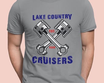 Lake Country Cruisers FL Club T Shirt, LCC Crossed Pistons Shirt in 3 Colors, S to 5XL, Front Graphic Only