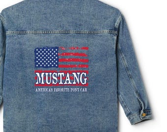 Ladies Mustang Lover Denim Jacket, Mustang Gift, Women's Sizes Mustang Flag Denim Jean Jacket, America's Pony Car Jacket, Print on Back