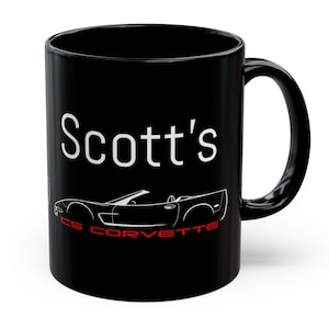 Personalized C5 Corvette Lover Black Mug, C5 Convertible Profile on Black Ceramic Coffee Mug, Custom Name Corvette Mug Gift,  11oz or 15oz
