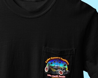 Lake Country Cruisers FL Club Pocket Tee, 1932 Ford Roadster Tee, Old Ford Hot Rod Shirt, S-3 XL, Front and Back Graphic, Garment-Dyed Tee