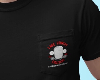 Lake Country Cruisers FL Car Club Pocket T, LCC Hot Rod Grille Shirt in 3 Dark Colors, S to 3XL, Front and Back Graphic, Garment-Dyed Tee