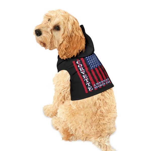 Corvette Lover Pet Hoodie, Corvette Hooded Pet Top, Corvette Flag Pet Apparel, Corvette Dog Gift, Cotton Pet Hoodie in Sizes XXS -LM - XL