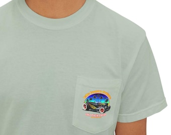 Lake Country Cruisers FL Club Pocket T Shirt, 1932 Ford Roadster Tee, Old Ford Hot Rod Shirt, S to 3XL, Front and Back Graphic, Garment-Dyed