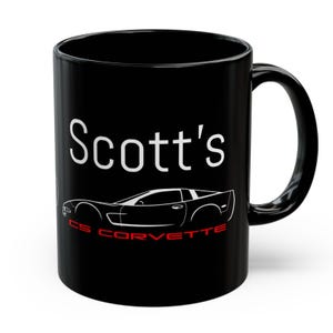 Personalized C5 Corvette Lover Black Mug, C5 Coupe Profile on Black Ceramic Coffee Mug, Custom Name Corvette Mug Gift,  11oz or 15oz