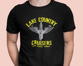 Lake Country Cruisers FL Club T Shirt, LCC Spark Plug w Wings Tee, 3 Dark Colors, S to 5XL, Front Graphic Only