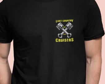 Lake Country Cruisers FL Club T Shirt, LCC Crossed Pistons, Shirt in 3 Dark Colors, S to 5XL, Front and Back Graphic