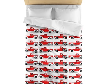 Red Truck Lover Microfiber Duvet Cover, Boy's Room Truck Décor, Vintage Red Truck Duvet, Retro Red Truck Art Bedspread, 4 Sizes