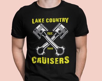 Lake Country Cruisers FL Club T Shirt, LCC Crossed Pistons Shirt in 3 Dark Colors, S to 5XL, Front Graphic Only