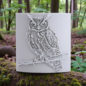 May include: A light gray, rectangular decorative piece featuring a detailed relief carving of a great horned owl perched on a branch. The owl is depicted with intricate feather details. The background is a forest setting.