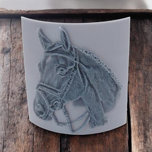 Pode incluir: Escultura em relevo de cabeça de cavalo cinzenta com freio e crina detalhados, contra um fundo branco sujo curvo. A escultura é montada em uma superfície de madeira rústica, mostrando arte equestre.