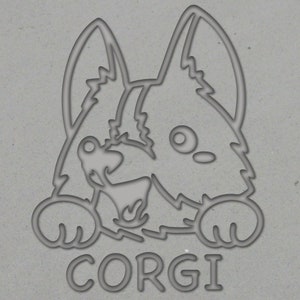 Puede incluir: Dibujo de línea de un perro Corgi con orejas grandes y una expresión linda. El perro está mirando hacia la derecha y la palabra "CORGI" está escrita debajo del perro.