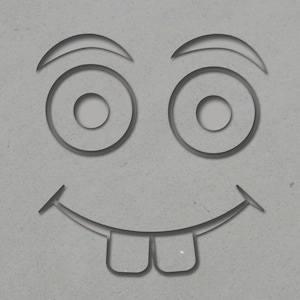 May include: A simple line drawing of a smiling face with a goofy expression. The face has two large eyes, a wide mouth, and a single, large tooth sticking out.