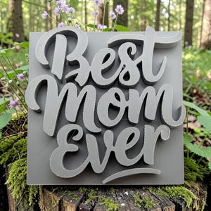 May include: A gray square sign with the words "Best Mom Ever" in a stylized, raised font. The sign is set against a natural backdrop of greenery, moss, and a tree stump, with soft focus in the background.
