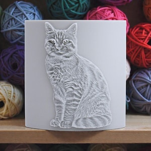May include: A light gray, rectangular cat sculpture with a detailed relief of a seated tabby cat. The sculpture is displayed on a wooden shelf, surrounded by colorful yarn balls in shades of green, purple, red, and yellow.