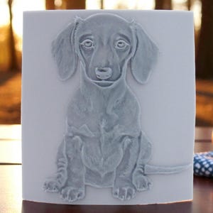 May include: A light gray, rectangular tile featuring a detailed relief of a sitting dachshund dog. The dog has large, floppy ears and a long body. The background is blurred, with a red apple and a blue and white patterned cloth.