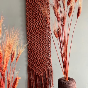 May include: A rust-colored macrame wall hanging with a geometric pattern and fringe, suspended from a wooden branch. Dried wheat stalks in shades of red and orange are arranged on either side, adding a natural, earthy aesthetic to the decor.