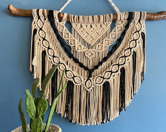 Handmade Black & White Macrame Wall Hanging: Modern Tapestry Mural