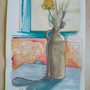 Dipinto originale degli anni '90 eseguito ad acquerello - Natura morta con fiori - Quadro - Disegno - Opera originale