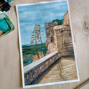 Dipinto originale ad acquerello - Paesaggio mediterraneo - Quadro originale - Paesaggio ad acquerello