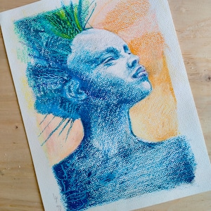 Portrait of a woman in blue, made with oil pastels - Original work - Original painting