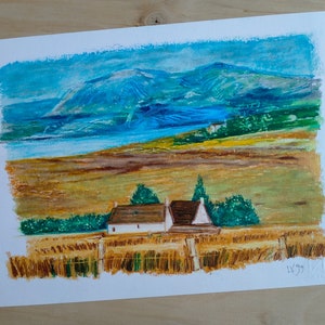 Opera originale realizzata con pastelli ad olio, paesaggio montano - Quadro originale
