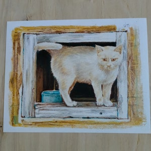Dipinto originale anni '90 con gatto bianco eseguito con pastelli ad olio - Quadro - Disegno - Opera originale